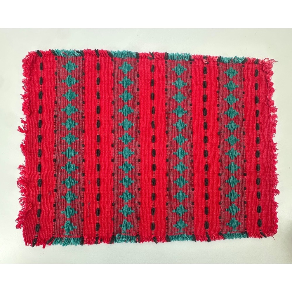Set of 4 Handwoven Southwestern Placemats Red Green Geometric Fringed Table Mats